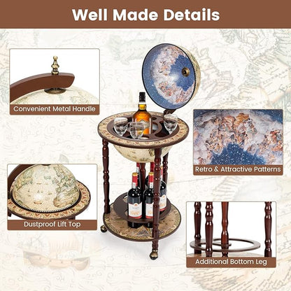 Goplus Globe Bar, 17.5” Globe Bar Liquor Cabinet with Wheels, Bottom Shelf, Old World Map, 16th Century Italian Replica Bar Globe, Retro Wine Stand, Globe Bar Cart for Dining Room Living Room Home