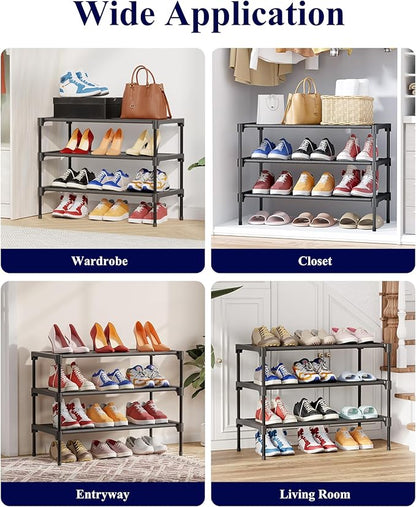 Kitsure Shoe Rack - Non-Woven Shoe Rack Shelf, Shoe Organizer for Closet, Entryway, Garage & Corridor, Stackable Shoe Shelves, 27.5" Wide - 3 Tier, Black