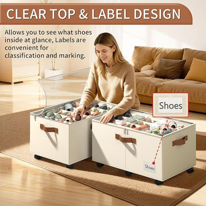 Foyego Shoe Organizer for Closet, Shoe Storage Organizer with Wheels and Adjustable Dividers, Stackable Shoe Storage Box with Clear Cover, Foldable Closet Shoe Organizer Fits up to 24-48 Pairs, Beige