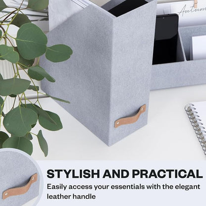 Bigso Estelle Magazine File - Magazine Holder and Organizer for Papers and Catalogs with Leather Handle - Magazine File Holder for Office Desks - 12.6 in x 4.5 in x 9.8 in - Ash Ballard