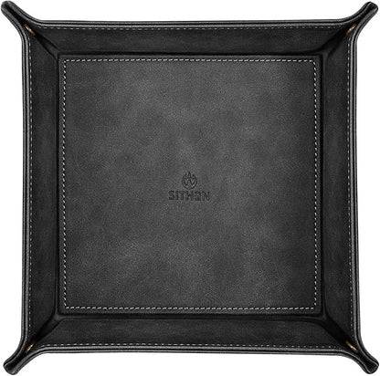 SITHON Valet Tray Desktop Storage Organizer – Premium PU Leather Catchall Bedside Vanity Tray Nightstand Caddy Holder for Keys, Phone, Wallet, Coin, Jewelry, Valentine's Day Gift, Black