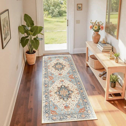RELEANY Area Rugs Runner 2'x6' Washable Non-Slip, Floral Vintage Distress Medallion Carpet for Kitchen Hallway Bedroom Beside Laundry Room Bathroom, Beige Navy Blue Orange Colorful