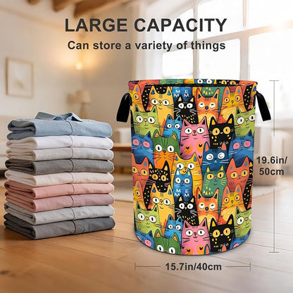 Colorful Cat Laundry Basket Waterproof Laundry Hamper Foldable Laundry Bag with Handles for Bedroom, Bathroom, Office, Clothes Storage