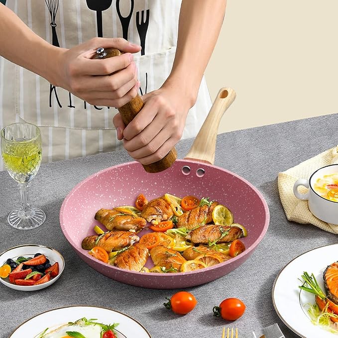 Innerwell 8-Inch Pink Nonstick Egg Pan, PFOA-Free Stone Cookware Skillet, Induction Compatible