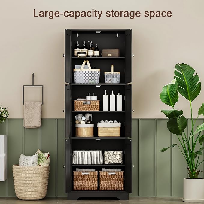 ChooChoo Tall Bathroom Storage Cabinet with 6 Doors, Freestanding Floor Cabinet with Adjustable Shelves, Black Pantry Cabinet for Bathroom, Kitchen, Laundry Room