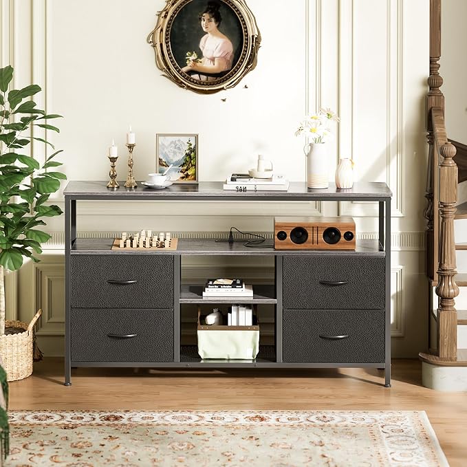 Huuger 47 Inch TV Stand Dresser with Power Outlets and LED Lights | Entertainment Center with 4 Drawers, PU Finish, Grey and Black, Dresser for 55 50 Inch TV, Open Shelf, Media Console