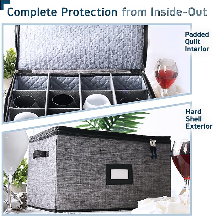 Wine Glass Storage Box with Dividers, 2 Pack Stackable Stemware Storage Cases, Service of 12 Glassware Storage Containers, Quilted China Storage Containers Hard Shell for Moving and Seasonal Storage