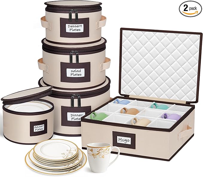 punemi Fine China Storage Containers With Dividers, Quilted Dish Storage Protectors With Hard Shell, Stackable Mug Storage Organizer For Moving & Dinnerware Plate Packing Supplies, Beige, 5-Piece Set