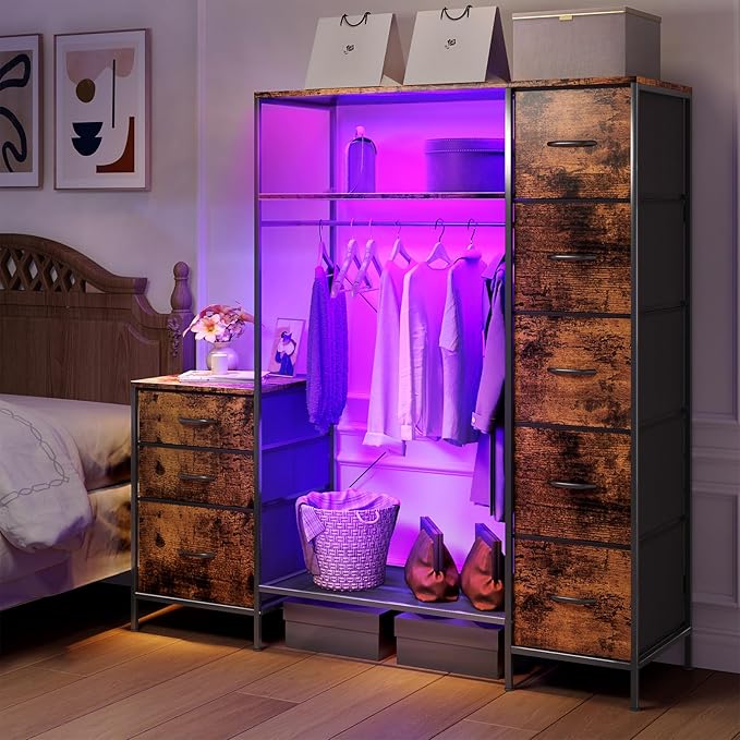 Garment Rack with Drawers, Freestanding Closet Organizer with Shelves, 55W*57.08H Heavy Duty Clothes Rack with Hanging Rod, Clothing Wardrobe Closet for Bedroom, Living Room, Entryway, Laundry Room