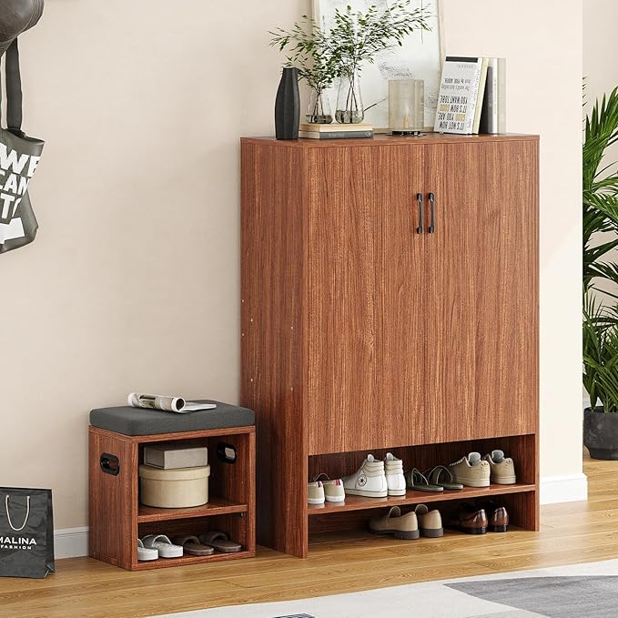 Soohow Shoe Cabinet with Doors, 7 Tier 28 Pairs Shoe Cabinet Storage for Entryway, Hidden Narrow Shoe Cabinets with Adjustable Shelves for Hallway, Living Room