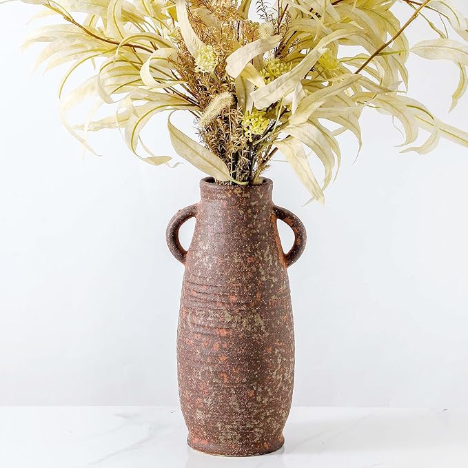 Ceramic Rustic Vase, 12.3 Inch Farmhouse Decorative Flower Vase for Home Decor, Rusty Vase for Living Room Bedroom Kitchen Office Decor Centerpiece Table Decorations