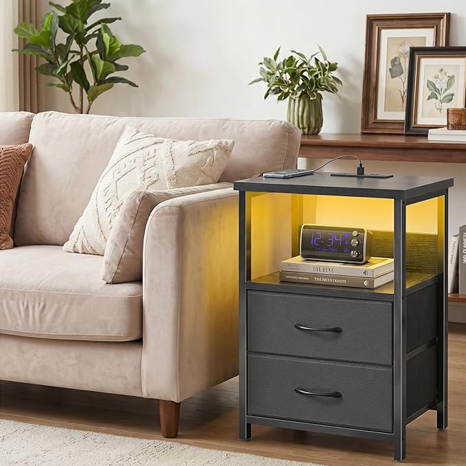 Fixwal Nightstand Set of 2 Night Stand with Charging Station, LED Nightstand with Fabric Drawers, End Table with PU Finish, Bed Side Table, Black