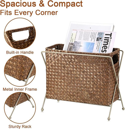 BTSKY Magazine Basket, Mail Basket for Counter, Woven Storage Bin with Metal Rack & Handle for Files, Books, Newspapers, Desktop Organizer for Office, Living Room, Dorm, Bathroom, 12"x5.7"x8.7"
