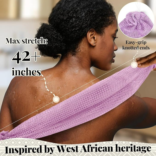 African Net Sponge Authentic-4 Packs African Exfoliating Net Sponge,Bath Sponges for Shower,42 inch Long for Normal to Sensitive Skin, Body Exfoliator Shower -Light Purple,Purple,Light Pink,Neon Pink