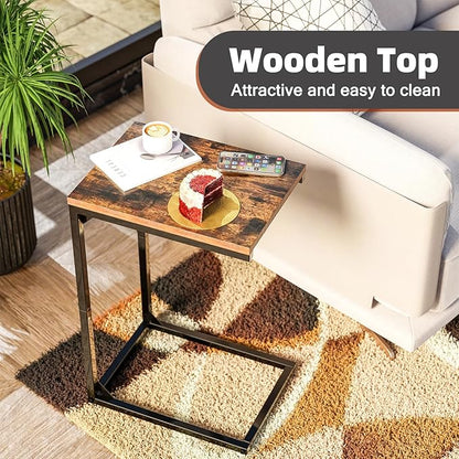 Simple Trending C Shaped End Table for Couch, Small Side Table TV Tray Table with Metal Frame for Living Room, Bedroom, Rustic Brown