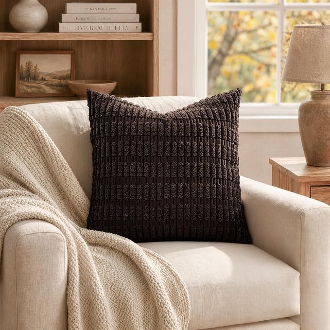 MIULEE Pack of 2 Corduroy Decorative Euro Sham Throw Pillow Covers 24x24 Inch Soft Boho Striped Pillow Covers Modern Farmhouse Home Decor for Sofa Living Room Couch Bed Dark Brown