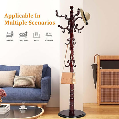 Solid Birch Wood Cloth Tree with Hooks, Coat Rack Freestanding with Adjustable Height 37.4’’-72.83’’, Wooden Freestanding Coat Rack for Entrance, Office, Living Room, Bedroom, Corridor