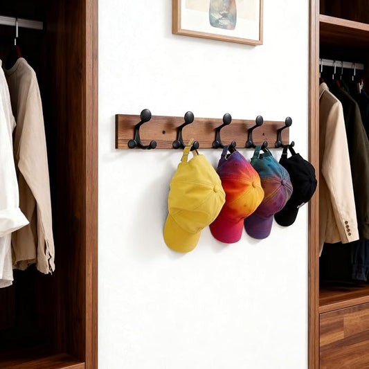 SKOLOO 24-Inch Wood Coat Rack Wall Mount with 5 Triple Hooks - Ideal for Family Entrances, Classrooms, and Pet Supplies Storage - Perfect Coat Hooks for Wall,Charred Golden Brown, Pack of 2