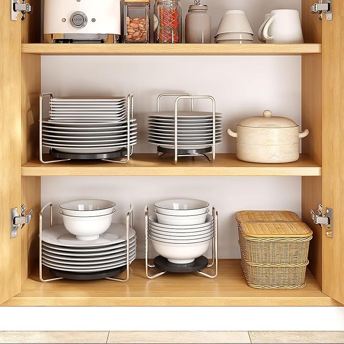 Dish Rack for Kitchen Countertop Organizer - Bamboo Plate Organizer for Cabinet Space Saver, Adjustable Stainless Steel 304 Plate and Bowl Holder with Portable Handle for Drawer Cupboard Shelf RV