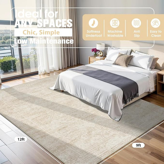 9x12 Area Rugs for Living Room Rug Washable: Abstract Large Rug for Dining Room Bedroom Carpet Non Slip 9 by 12 Indoor Modern Nursery Home Office Beige
