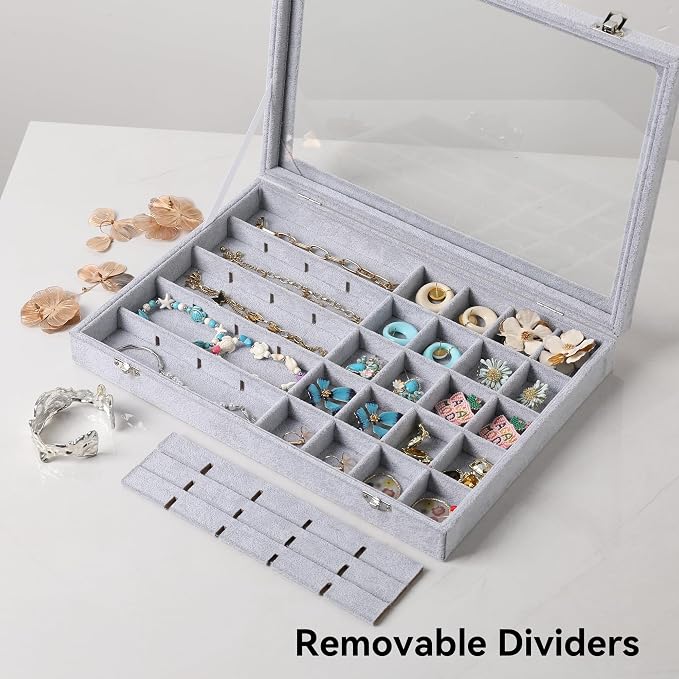 Frebeauty 40 Grid Jewelry Tray,Adjustable Earring Holder Organizer with Glass Lid,Velvet Drawer Jewelry Organizer for Rings,Studs,13.8 x 9.5 x 2 Inches Jewelry Display Box,Gift for Women(Grey)