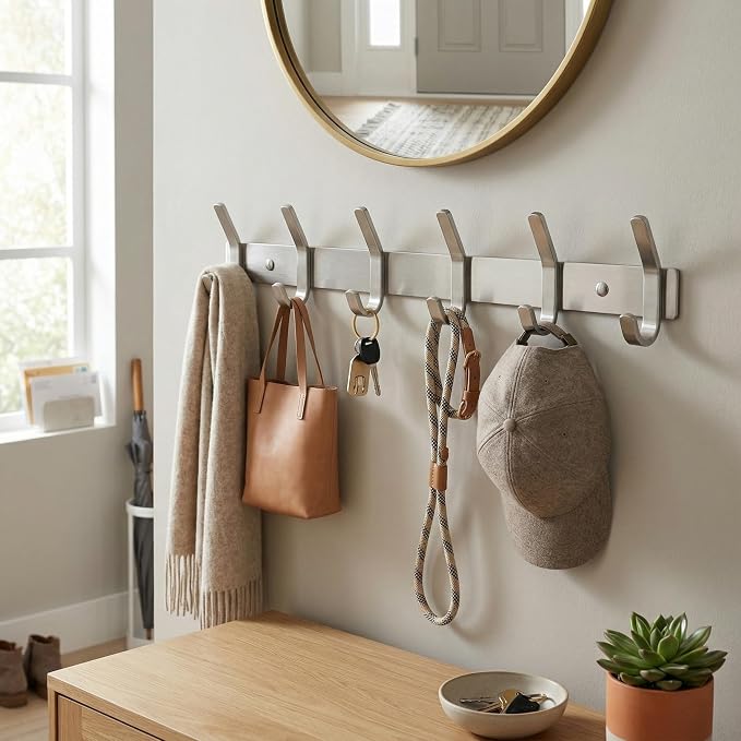 Coat Rack Wall Mount – Brushed Nickel 17 Inch Stainless Steel Hook Rail with 6 Heavy Duty Double Coat Hooks – Wall Mounted Coat Hanger for Entryway, Bathroom, Bedroom, Towel, Hat Organizer - 2 Pack