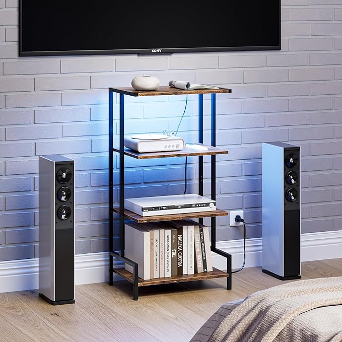Arbuxzuy 4-Tier AV Media Stand with Power Outlet and LED Lights,Wooden Stereo Stand Cabinet,Game Console Shelf for Small Space,Audio Rack Stand Tower Ideal for Video DVD Players,Xbox