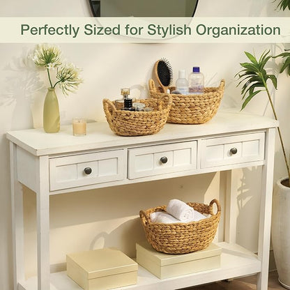 Set of 3 Wicker Storage Baskets for Organizing - Woven Decorative Baskets with Handles - Organizers for Bathroom, Kitchen, and Shelves (Natural)
