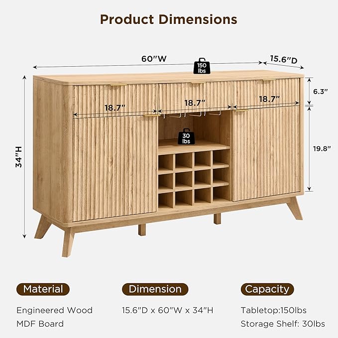 OKD 60" Fluted Buffet Cabinet with Storage - 3 Drawers and 2 Doors, Mordern Wine & Coffee Bar Cabinet with Wine and Glass Racks, Sideboard with Adjustable Shelves for Kitchen, Dining Room,Natural Oak | for Liquor, w/Wine & Glass Rack, 3 Storage Drawers...