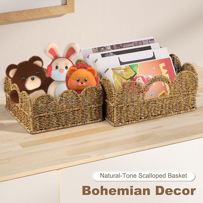 Scalloped Resin Wicker Basket: Set of 2 Water- Resistant Bath Organizers for Towel - Boho & Farmhouse Aesthetics