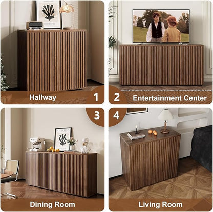 Rophefx Fluted Sideboard Cabinet, Buffet Cabinet with Storage, Credenza Storage Cabinets with Adjustable Shelf, Wood Entryway Cabinets with Pop-up Doors for Living Room, Entryway, Hallway, Walnut