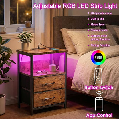 Fixwal Night Stand with Charging Station, LED Nightstand with U-S-B Ports and Outlets, 2 Fabric Storage Drawers with PU Finish, Bedside Table, Rustic Brown