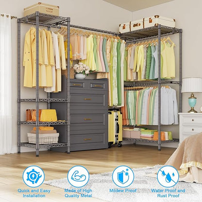 E10L L-Shaped Clothes Rack for Corner（With Expandable Hanger Rod）Heavy Duty Freestanding Clothing Racks for Hanging Clothes，Portable Garment Rack 58-82"W x 30"D x 72"H，Max Load 900LBS，Grey