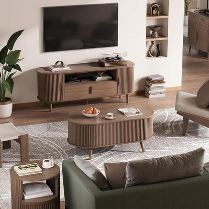 JOINICE 42.5" Oval Lift Top Coffee Table with Storage, Mid Century Modern Walnut Center Table with Fluted Design, Solid Wood Legs & Hidden Compartment, Pop Up Coffee Table for Living Room