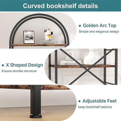 Shintenchi Bookshelf, Arched Bookshelf 5 Tier Bookcase, Tall Shelf for CDs/Books, Home Office Shelf Storage Organizer, Modern Book Shelf for Bedroom/Living Room, Rustic Brown