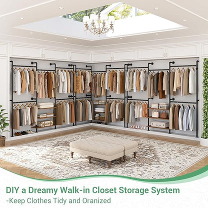 Aheaplus Expandable Industrial Pipe Clothing Rack, 7.3-10.9Ft Wall Mounted Closet System, Reversible L Shaped Clothes Rack for Hanging Clothes, Heavy Duty Walk-in Corner Wardrobe Closet, Rustic Brown
