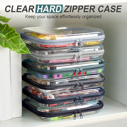 Sanwuta 6 Pcs Clear Hard Zipper Case Plastic Zipper Pouches Transparent Makeup Bag Pencil Case Pouches Toiletry Diaper Bag for Travel Toy Storage Organizer Bins(Blue-green,9.84 x 7.87 x 2 Inch)