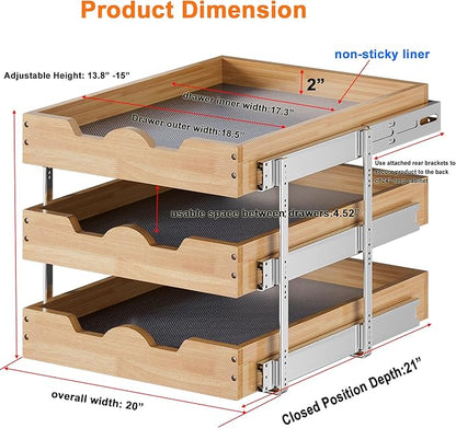 DINDON 3 Tier Pull Out Cabinet Organizer 20”W X21”D Slide Out Shelves With Shelf Liner for Kitchen Wood Roll Out Drawers Pantry Organization