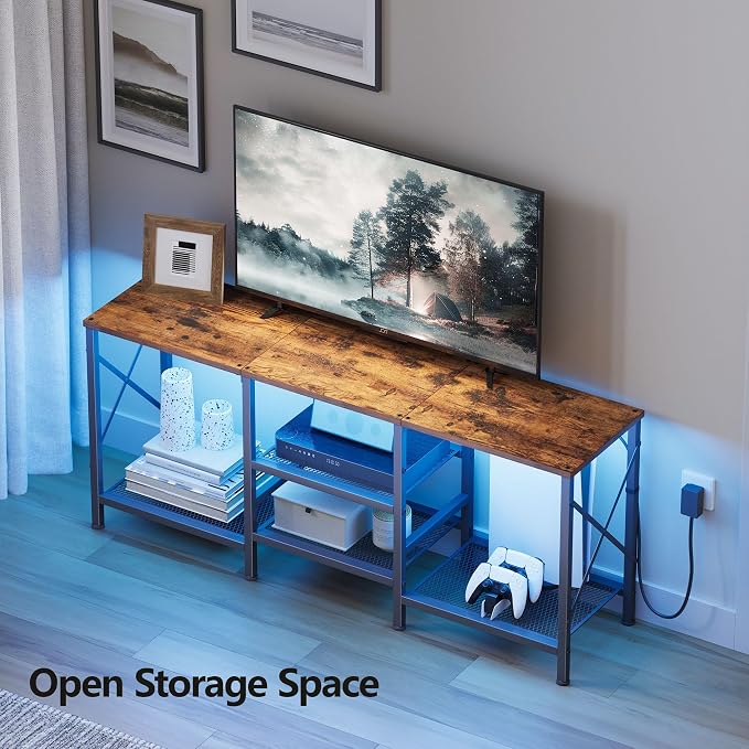 JARHETUN TV Stand with LED Lights for 55 Inch TV, Entertainment Center with 3-Tier Open Shelves, TV Console Table for Living Room, Bedroom, Rustic Brown