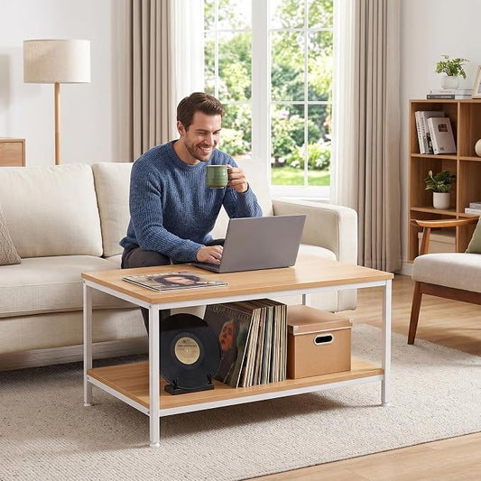 SUPER DEAL 2-Tier Industrial Coffee Table with Storage Shelf for Small Apartment Living Room, Rectangle Wood and Stable Metal TV Stand Side End Table, Natural Wood