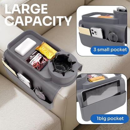 Silicone Couch Caddy for Wide Arms (6-12") with Cup Holder & Deep Sofa Remote Pockets - Anti-Slip Couch Arm Tray Table for Drinks, Phone, Snacks - Living Room Organizer (Gray)