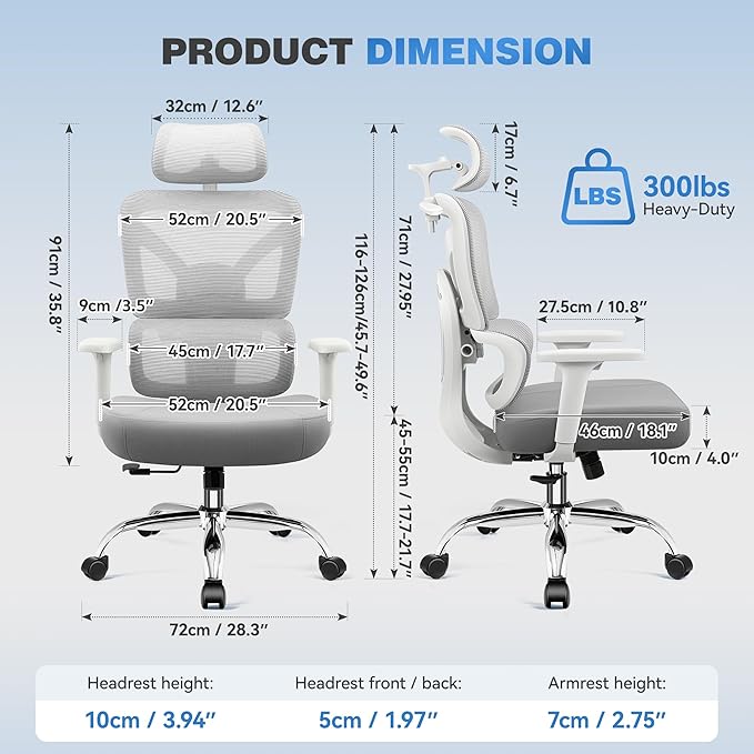 Ergonomic Office Desk Chair, High Back Mesh Office Chair with Adjustable Lumbar Support, 3D Headrest, Big and Tall Home Computer Desk Chairs Comfy for Work, Gaming, 300lbs, Gray