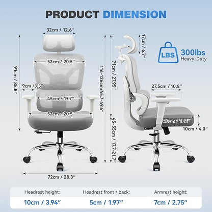 Ergonomic Office Desk Chair, High Back Mesh Office Chair with Adjustable Lumbar Support, 3D Headrest, Big and Tall Home Computer Desk Chairs Comfy for Work, Gaming, 300lbs, Gray