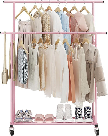 Calmootey Double Rod Clothing Garment Rack,Rolling Hanging Clothes Rack,Portable Clothes Organizer for Bedroom,Living Room,Clothing Store,Pink