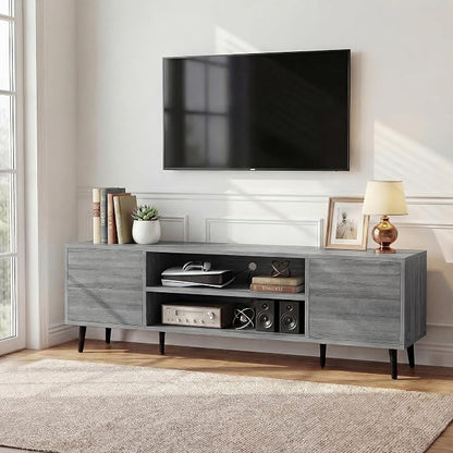 JUMMICO Mid-Century Modern TV Stand for 55-65 Inch TVs, 58 Inch Media Console with Storage, Entertainment Center with Push-Open Cabinets and Cable Management for Living Room (Grey, 58 Inches)