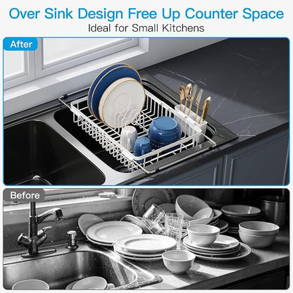 JASIWAY White Expandable Stainless Steel Dish Drying Rack Over The Sink for Small Kitchen, Counter Space Saving Compact Plate Drainer Strainer, Adjustable Hanging Metal Dish Dryer with Utensil Holder