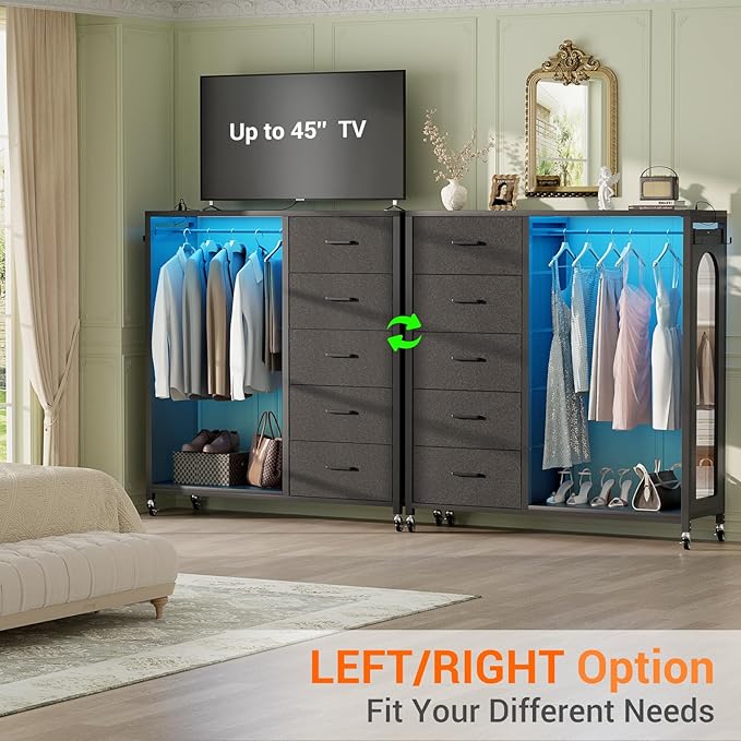 Cyclysio Dresser for Bedroom with Clothes Rack & Mirror, 5 Fabric Drawers Dresser with Charging Station & LED Lights, Rolling Chest of Drawers with Wheels, Full Length Mirror, Wooden Top, Closet