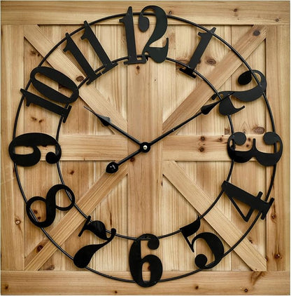 EMAX HOME Large Farmhouse Wall Clock – 24 Inch Brown Square Rustic Wooden Clock with Decorative Reversible Wooden Sign, Perfect for Any Space and Ideal Gift