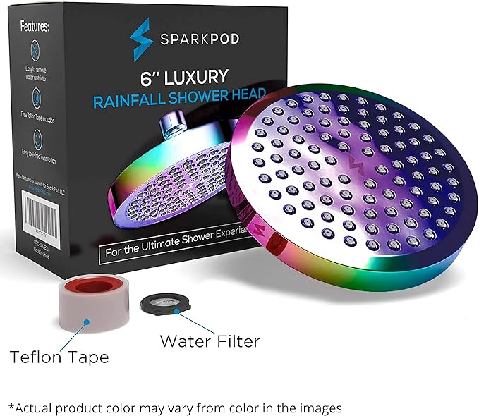 SparkPod Rain Shower Head, 6 Inch Round | High Pressure Shower Heads, 90 Nozzle (Touch-to-Clean), Adjustable Showerhead, No-tool Universal Connection