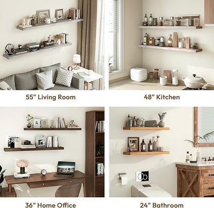 Vivelove Solid Wood Floating Shelves Set of 2, Elm Wood Wall Shelf with Invisible Bracket for Living Room Bedroom Bathroom Office, Rustic Farmhouse Decor Storage & Display, 36 inch - Weathered White